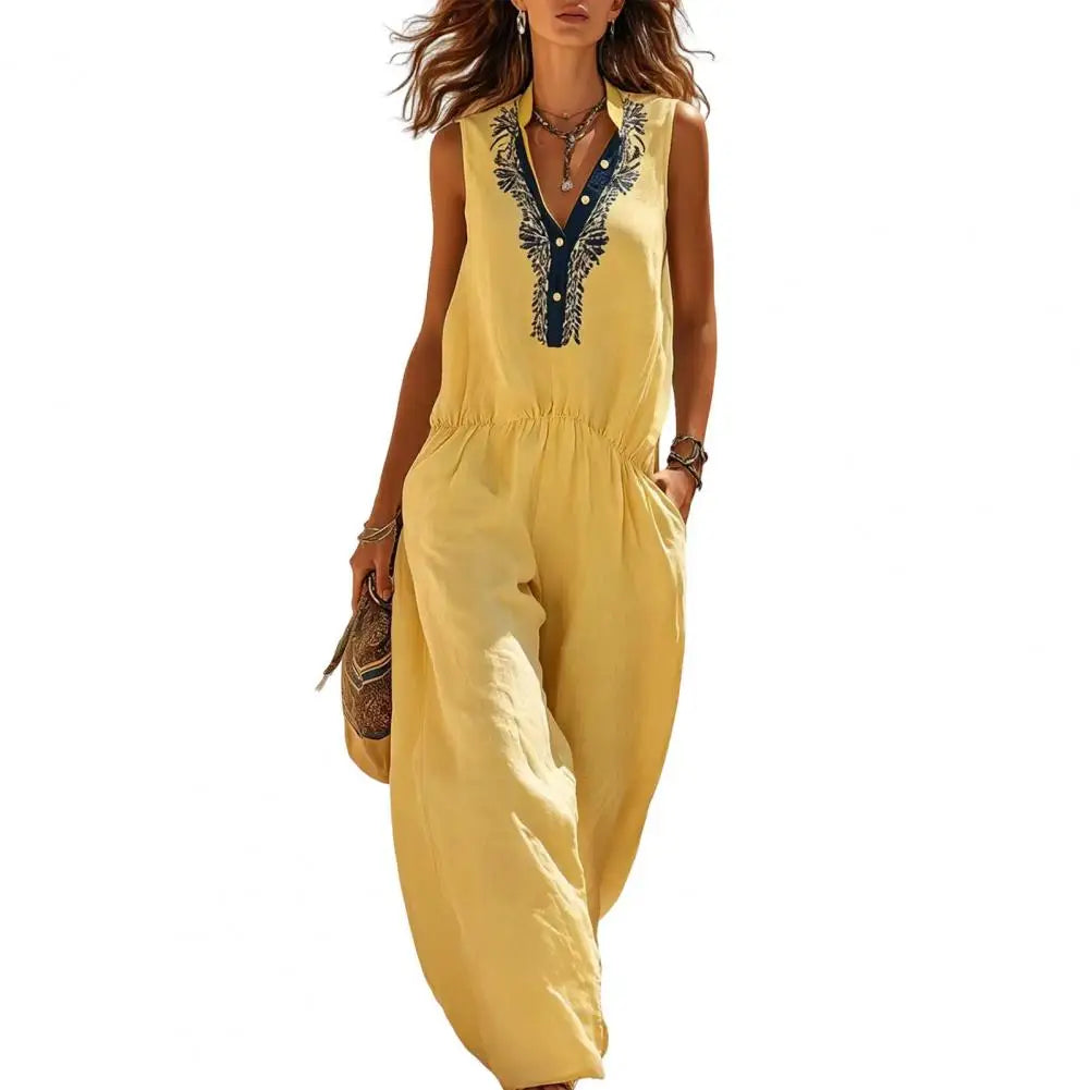 Elsa™ | Yellow Embroidered Boho Jumpsuit